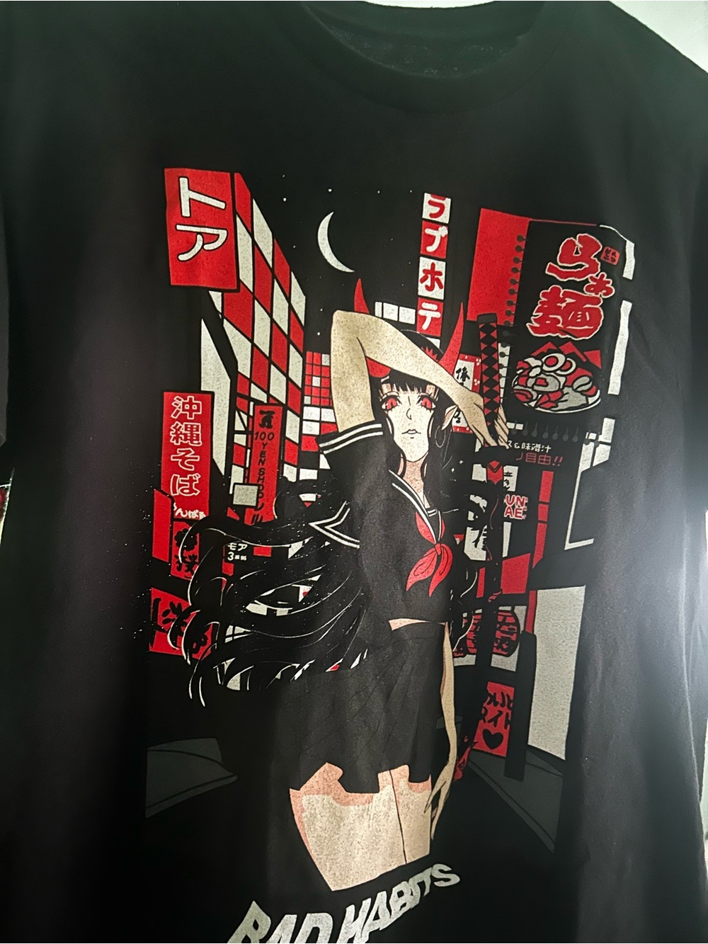 Bad Habit Black Graphic Anime Sailor Girl Tee with Red Accents